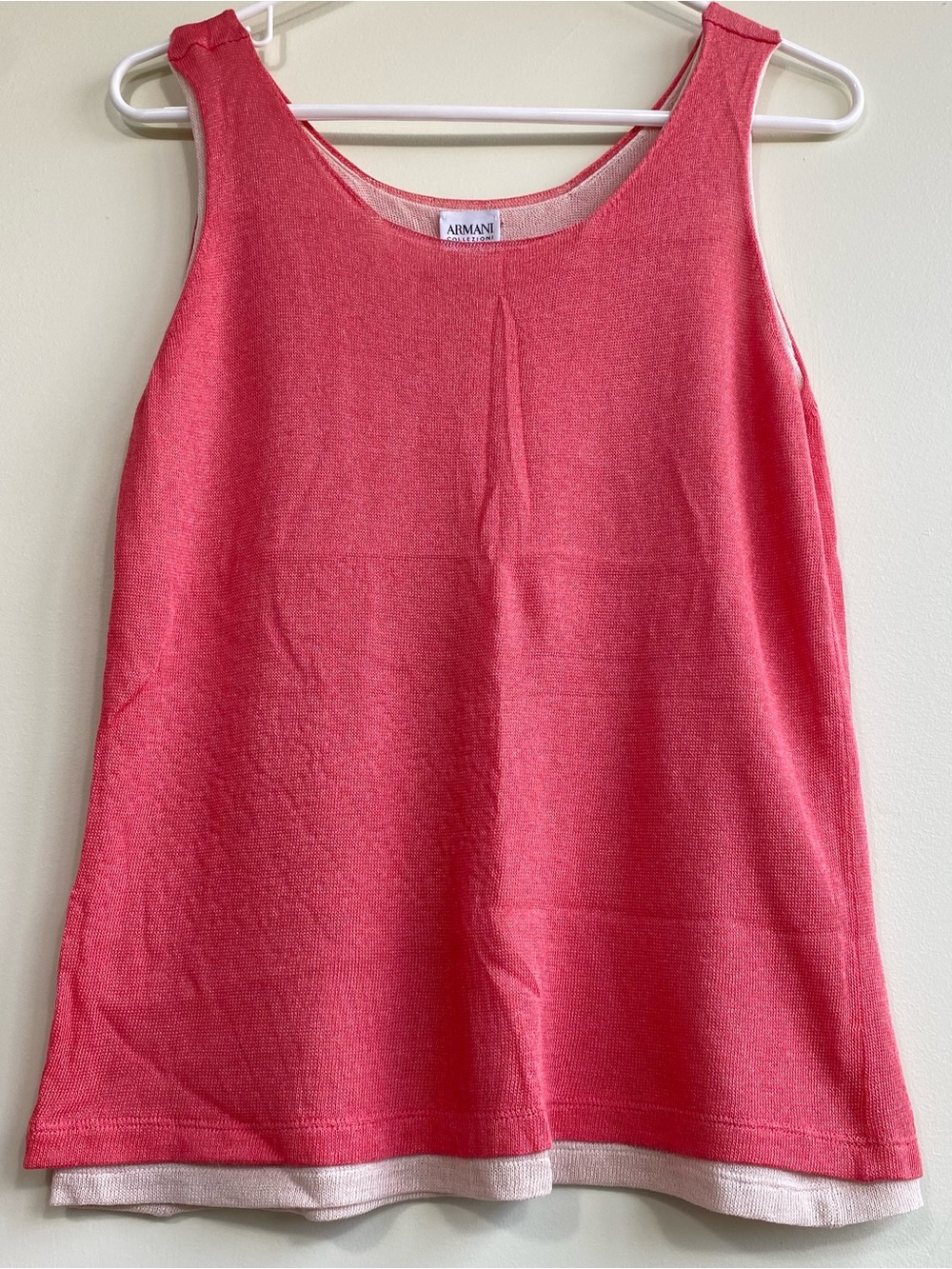 Vintage Armani Collezioni pink knit tank top featuring a layered, double-hem